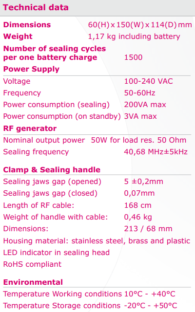 SEALmatic P-teknisk spesifikasjoner