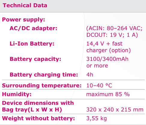 Luxomatic blodpresse-tekniske spesifikasjoner